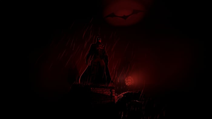 Batman standing on a rooftop in the rain