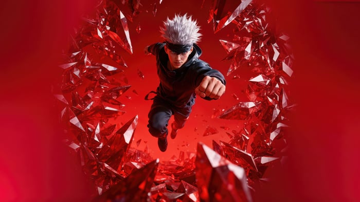 Gojo Satoru surrounded by red crystals