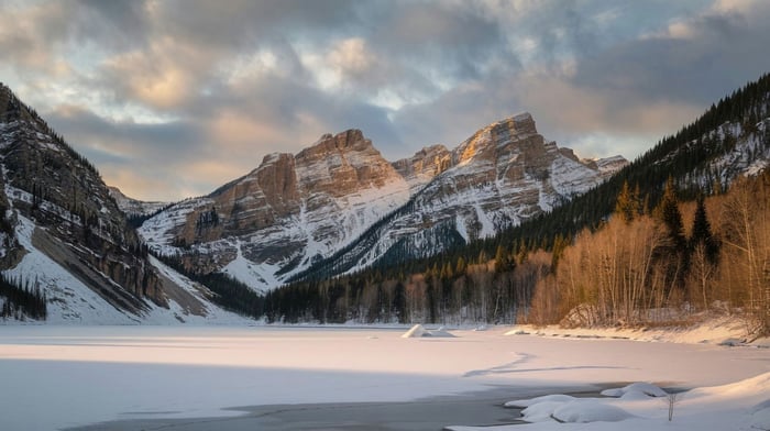 Frozen Lake and Snow-Covered Mountains at Sunset