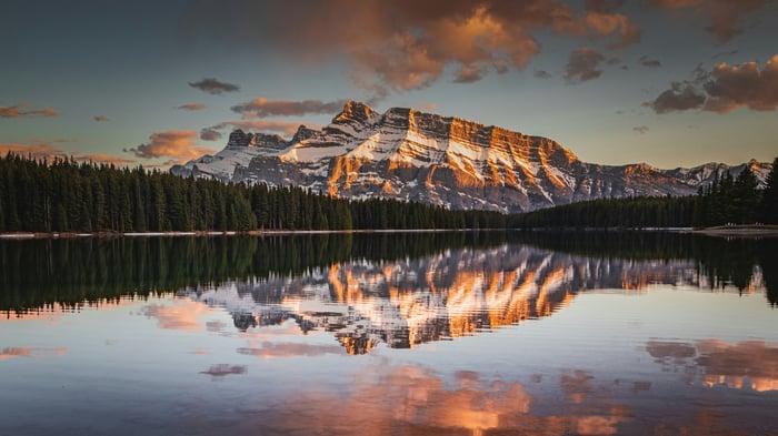 Mountain Reflection on Lake with Forest and Clouds