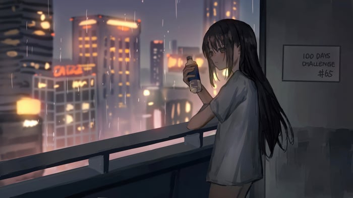 Anime girl with drink on balcony in rain
