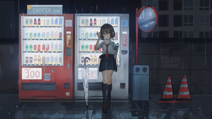 Anime School Girl at Vending Machines in Rain