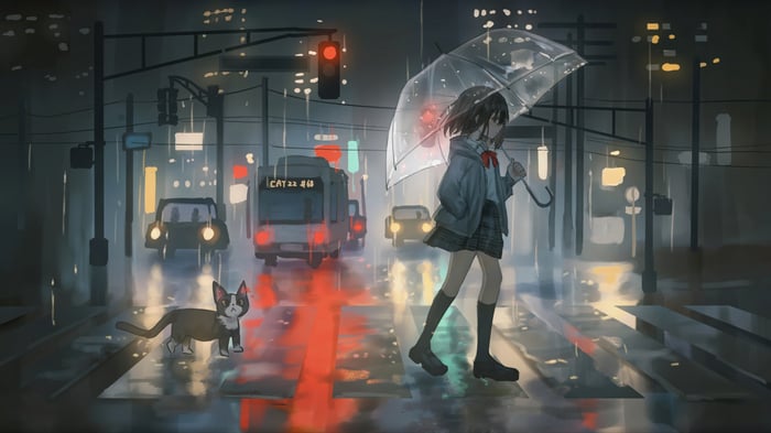 Anime girl with umbrella and cat in rainy Tokyo night