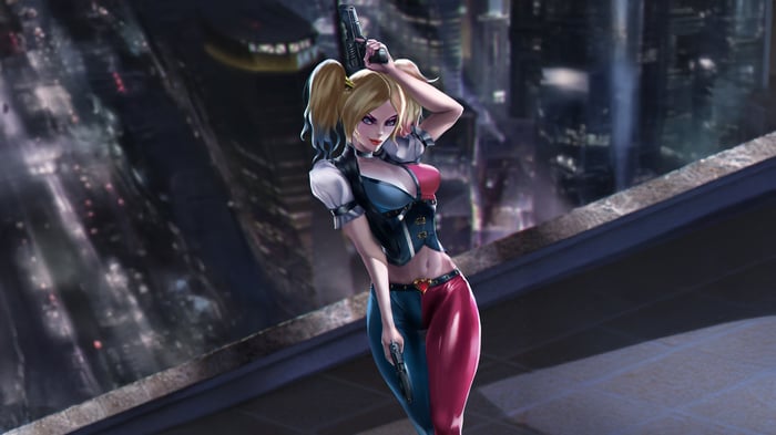 Harley Quinn with Guns on a Rooftop