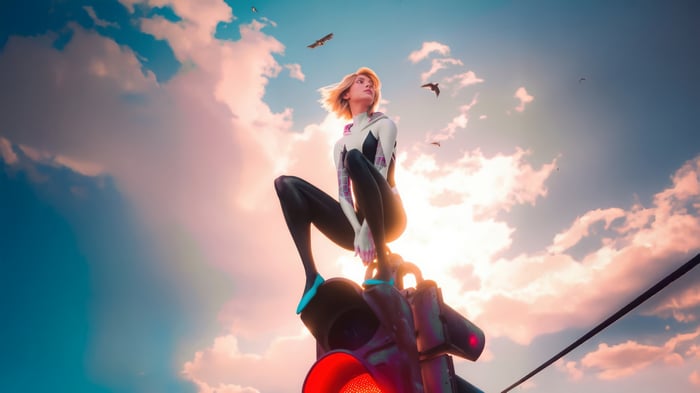 Spider-Gwen Sitting on Traffic Light