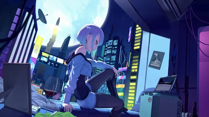Anime girl sitting in a futuristic city room with wine