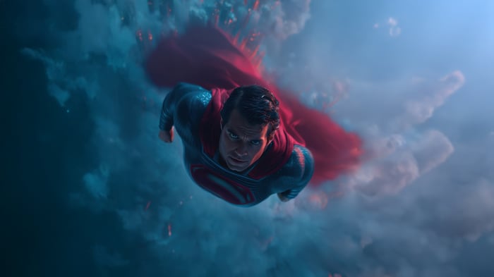 Superman flying through stormy clouds