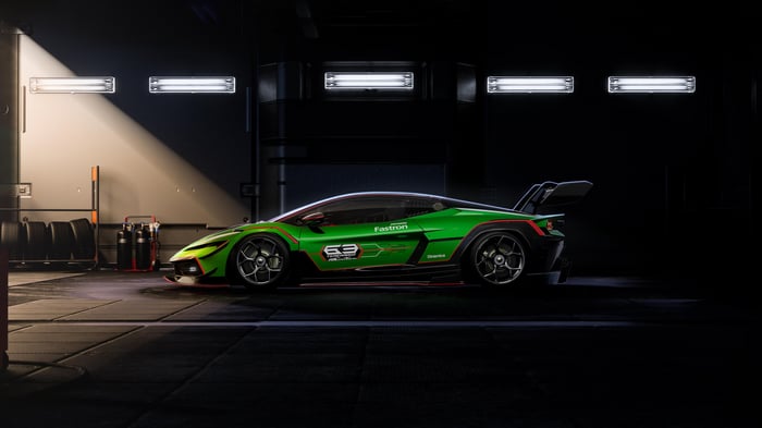 Green Lamborghini Temerario Super Trofeo in a garage
