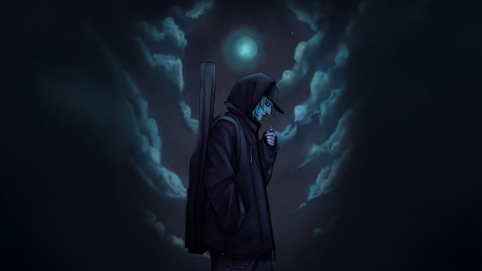 Man with guitar case lighting cigarette under moonlit clouds