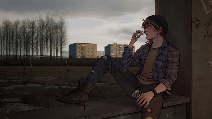 Boy sitting on a ledge smoking, overlooking buildings