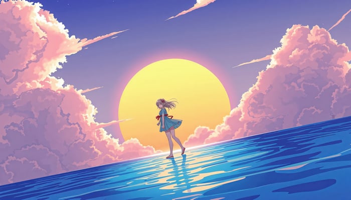 Girl Standing On Water With Giant Sun And