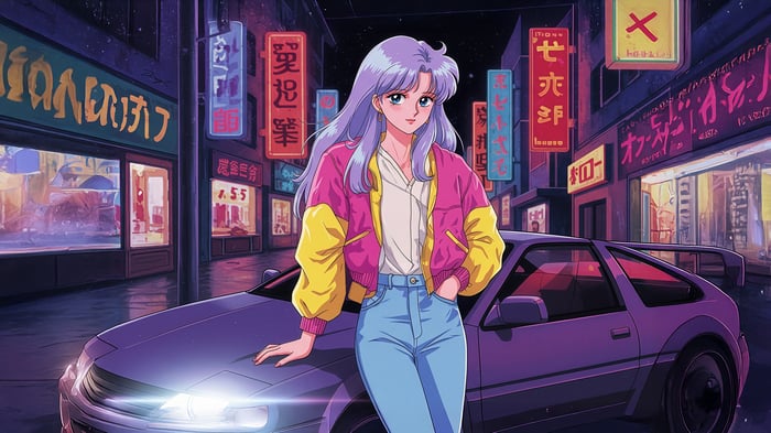 Anime Girl With Purple Hair By Car In