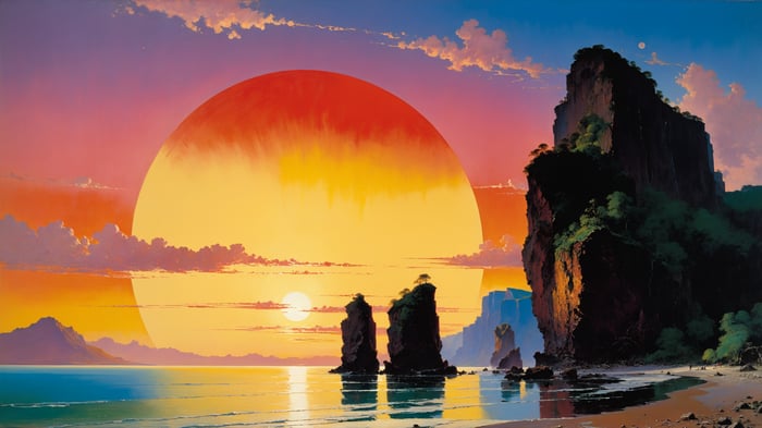 Tropical Sunset With Rock Formations