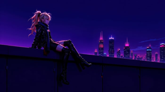 Cyberpunk Anime Girl Sitting on a Rooftop Overlooking a City