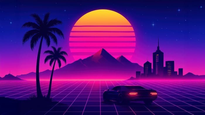 Retro Cyberpunk Skyline with Palm Trees and Car