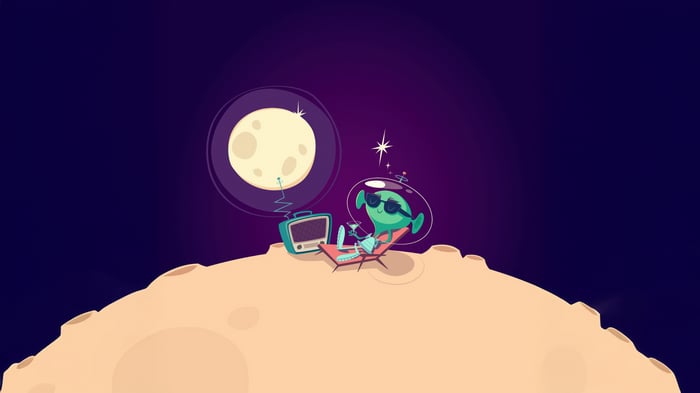 Alien relaxing on the moon with a vintage TV