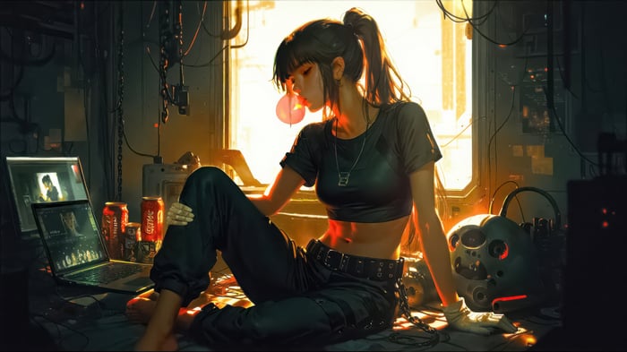Anime girl chewing bubble gum in a workshop
