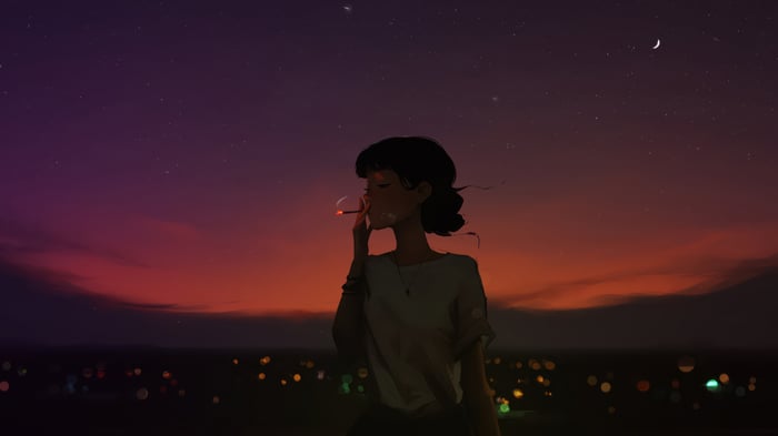 Anime girl smoking a cigarette at sunset