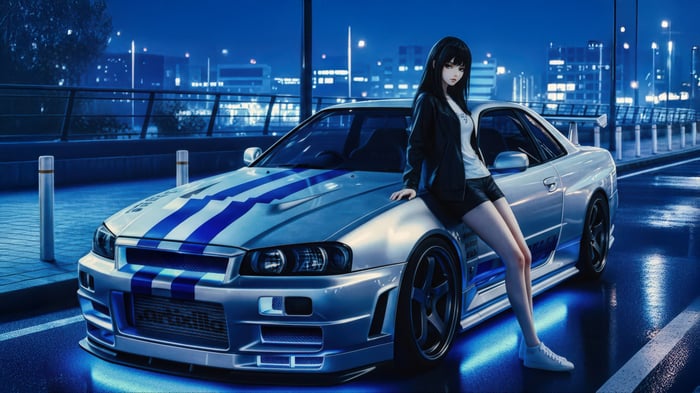 Anime girl leaning on a Nissan GTR Skyline
