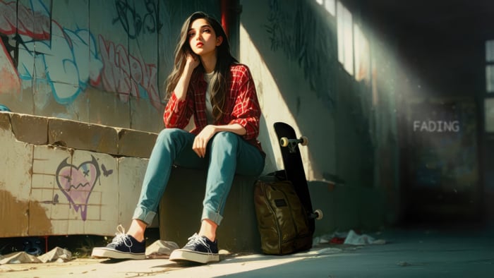 Girl With Skateboard And Graffiti