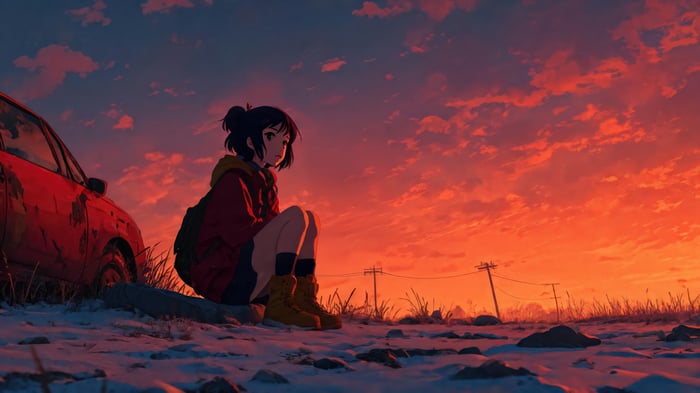 Anime girl and abandoned car at sunset