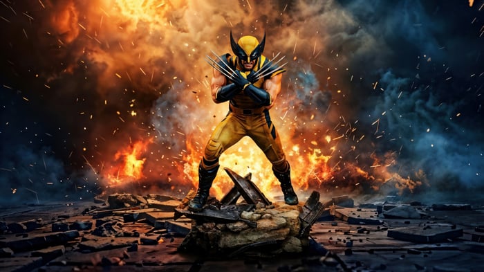 Wolverine in front of an explosion