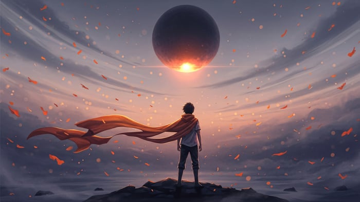 Boy with flowing cape under a red planet
