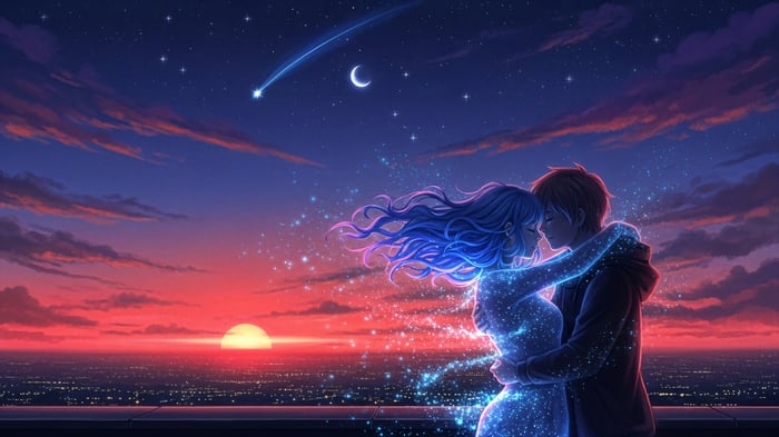 Couple Embracing Under a Shooting Star at Sunset