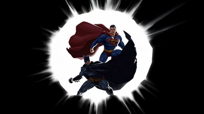 Batman and Superman in a bright portal
