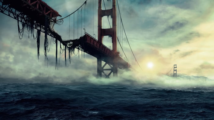 Ruined Golden Gate Bridge in Foggy Ocean