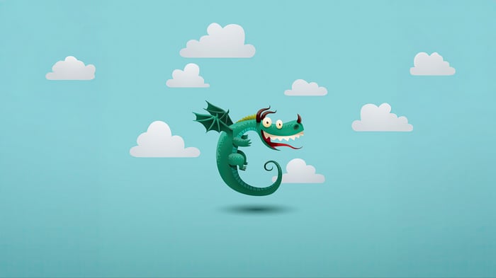 Playful green dragon flying among white clouds
