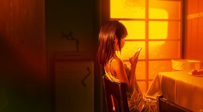 Anime girl using phone at a table