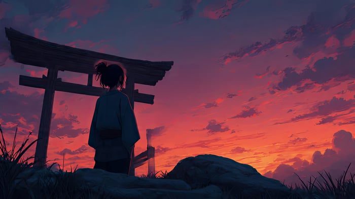 Samurai Girl at Torii Gate at Sunset
