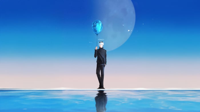 Gojo Satoru holding a blue balloon