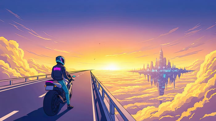 Cyberpunk Motorcycle Rider Approaches Floating City at Sunset