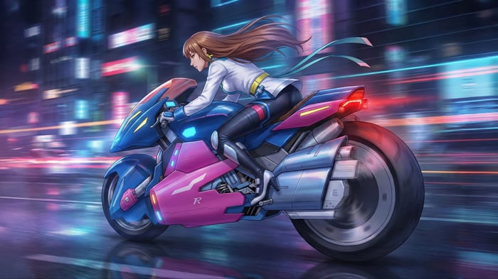 Anime girl riding a cyberpunk motorcycle through a neon city