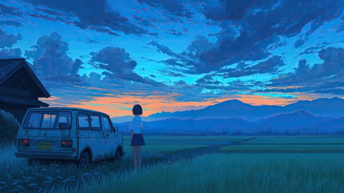 Lonely Anime Girl by a Van in the Countryside