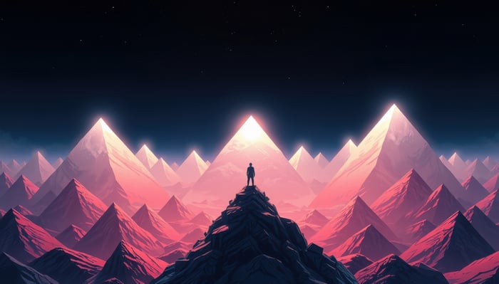 Silhouette of a man on a mountain with glowing pink pyramids