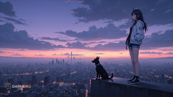 Anime girl and dog overlooking city at sunset