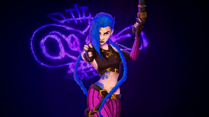 Jinx from Arcane with purple glowing symbols