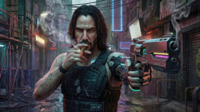 Johnny Silverhand from Cyberpunk 2077 holding a gun
