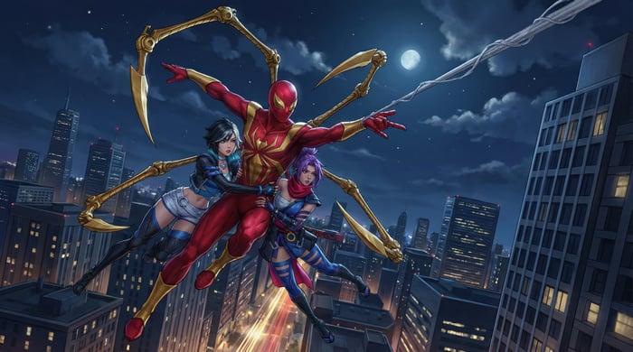 Scarlet Spider and two women swing through a city at night