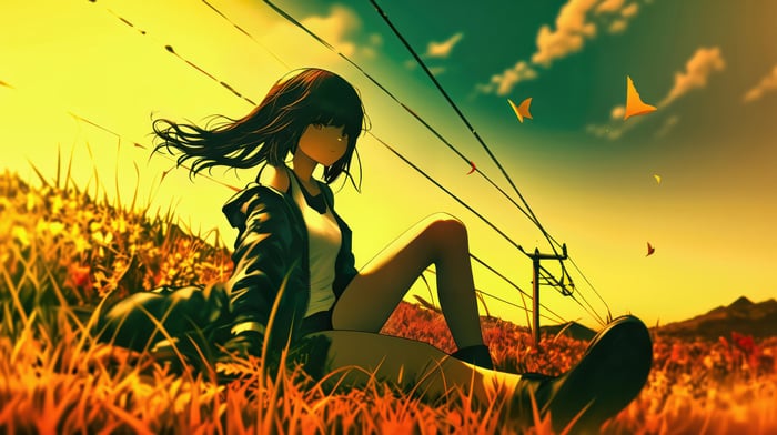 Anime girl sitting in a golden sunset field