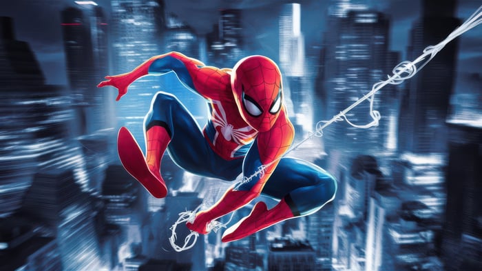 Spiderman swinging through a city