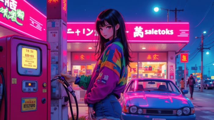 Cyberpunk Neon Girl Pumping Gas