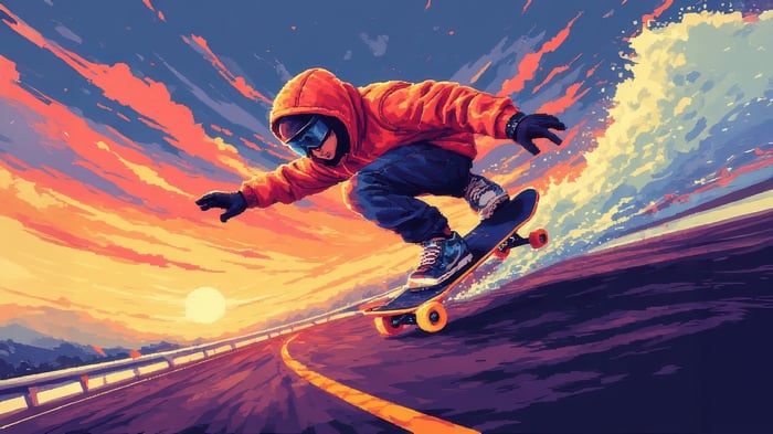 Skateboarder in pixel art style during sunset