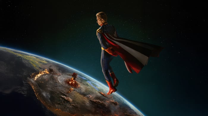 The Boys Homelander over a burning Earth