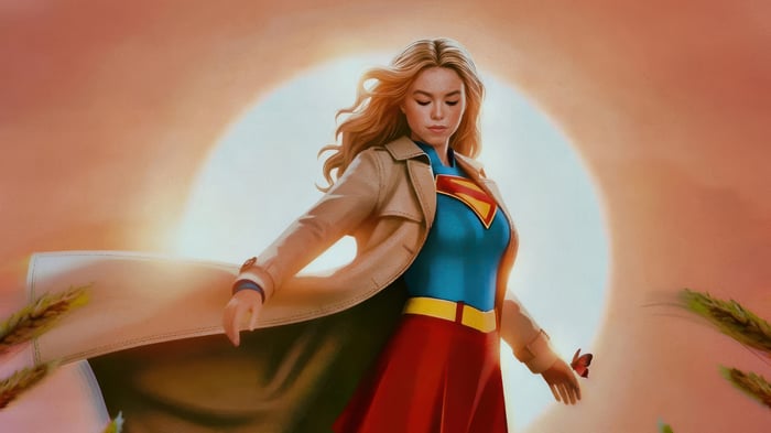 Supergirl in a trench coat with a butterfly