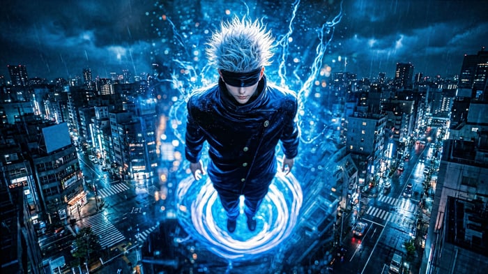 Satoru Gojo Levitating Above a Cityscape