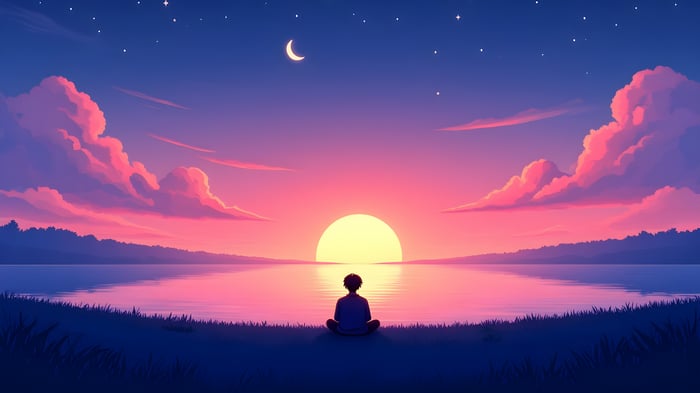 Person Meditating by Lake During Sunset with Moon